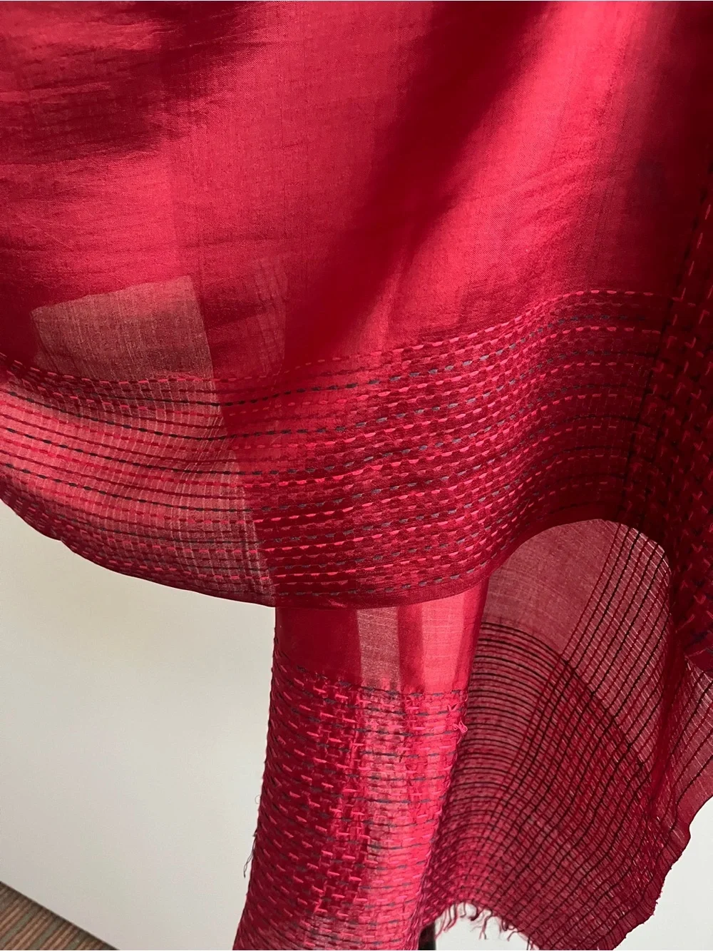 FabIndia Style Handwoven 100% Silk Kantha Hand Embroidered Wrap Stole Red 74